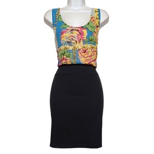 MOTEL Chain Floral Colorful Print Sleeveless Mini Bodycon Black Dress Large NWT